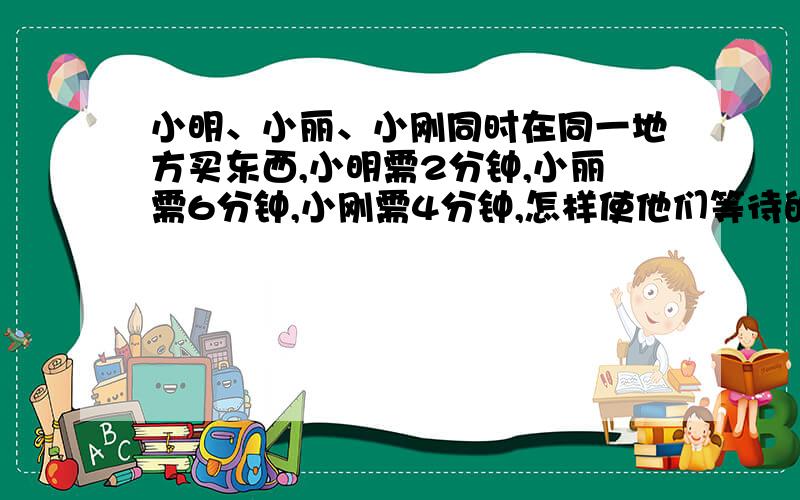 小明、小丽、小刚同时在同一地方买东西,小明需2分钟,小丽需6分钟,小刚需4分钟,怎样使他们等待的时间最少