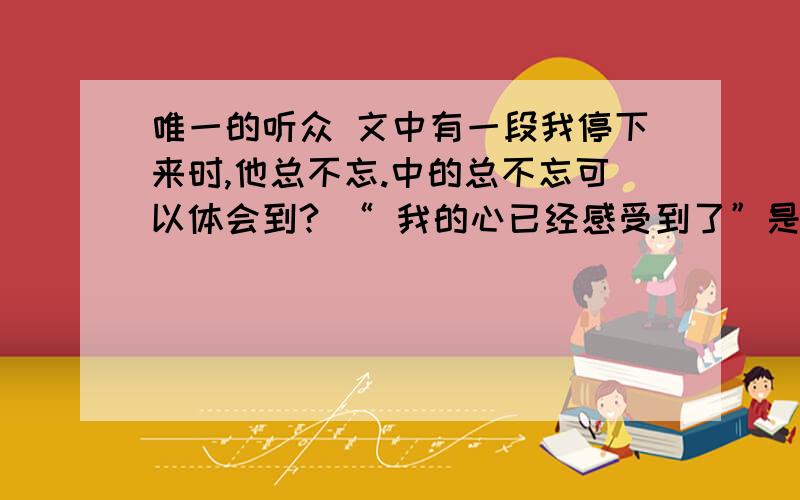 唯一的听众 文中有一段我停下来时,他总不忘.中的总不忘可以体会到? “ 我的心已经感受到了”是因为?我又开始练琴的原因是?我很急！！！！！！过了9点我就不要了！！！！！！！各位帮