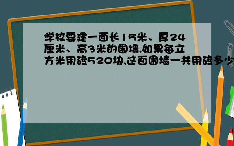 学校要建一面长15米、厚24厘米、高3米的围墙.如果每立方米用砖520块,这面围墙一共用砖多少块?如果要在围墙的正面和背面涂上乳胶漆,乳胶漆的面积是多少平方米?