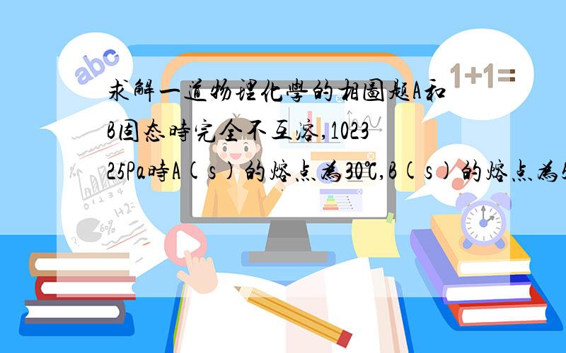 求解一道物理化学的相图题A和B固态时完全不互溶,102325Pa时A(s)的熔点为30℃,B(s)的熔点为50℃, A和B在10℃具有最低共熔点,其组成为xB,E=0.4,设A和B相互溶解度均为直线. (1)画出该系统的熔点-组成