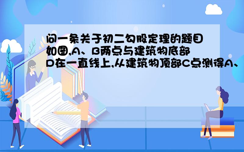 问一条关于初二勾股定理的题目如图,A、B两点与建筑物底部D在一直线上,从建筑物顶部C点测得A、B两点的俯角分别是30度、60度,且AB=20,求建筑物的高.图画得不太好吖