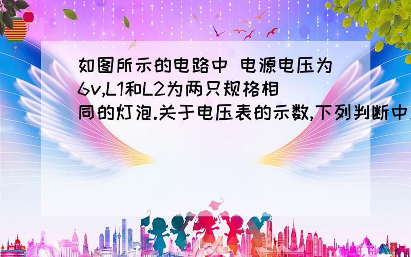 如图所示的电路中 电源电压为6v,L1和L2为两只规格相同的灯泡.关于电压表的示数,下列判断中正确的是s断开,电压表示数为6vs闭合,                     6v  断开                        0v  闭合