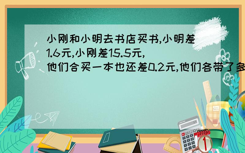 小刚和小明去书店买书,小明差1.6元,小刚差15.5元,他们合买一本也还差0.2元,他们各带了多少钱不要方程,用四年级看得懂的式子,再一次注明：：：不 要 方 程