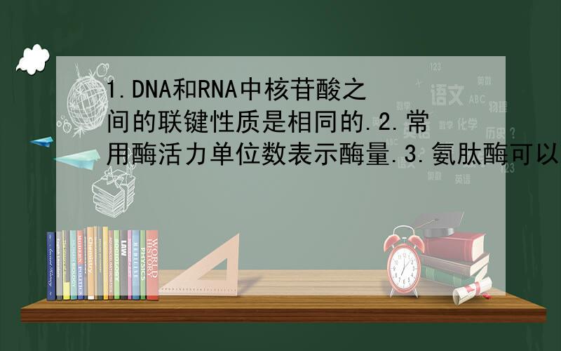 1.DNA和RNA中核苷酸之间的联键性质是相同的.2.常用酶活力单位数表示酶量.3.氨肽酶可以水解蛋白质的肽键.4.蛋白质多肽链是有方向性的.5.碱性氨基酸在中性PH时,带正电荷.6.等电点时,蛋白质的