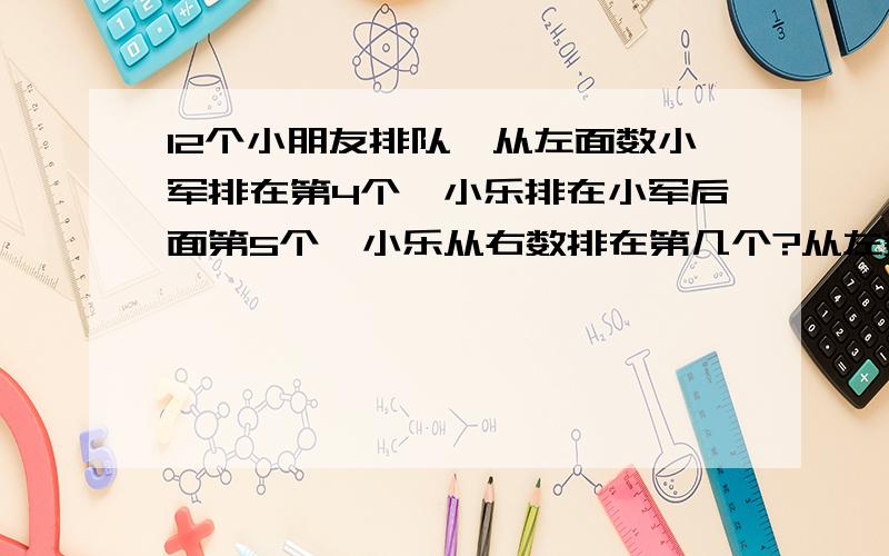 12个小朋友排队,从左面数小军排在第4个,小乐排在小军后面第5个,小乐从右数排在第几个?从左数小乐是第4+5=9个因此从右数小乐是第12-9+1=4个 为什么+1呀