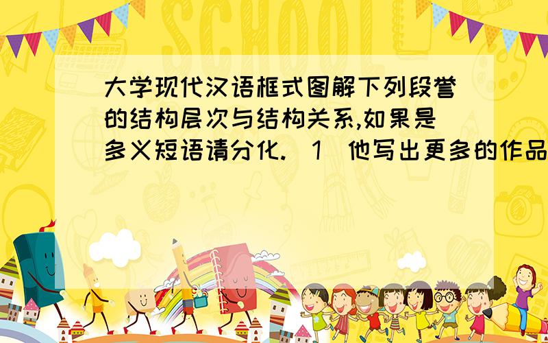 大学现代汉语框式图解下列段誉的结构层次与结构关系,如果是多义短语请分化.（1）他写出更多的作品  （2）对销售员的意见   （3）中国历史图册   （4）写出好作品                 （5）我请