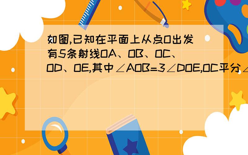 如图,已知在平面上从点O出发有5条射线OA、OB、OC、OD、OE,其中∠AOB=3∠DOE,OC平分∠BOD,∠BOC+2∠DOE=70求∠AOE的度数