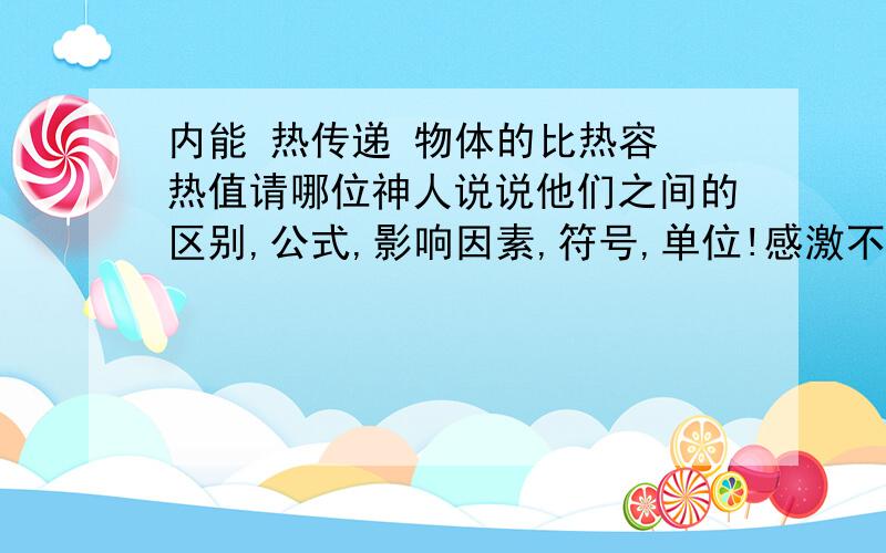 内能 热传递 物体的比热容 热值请哪位神人说说他们之间的区别,公式,影响因素,符号,单位!感激不尽~影响因素一定要说！不解释也没关系啦.....