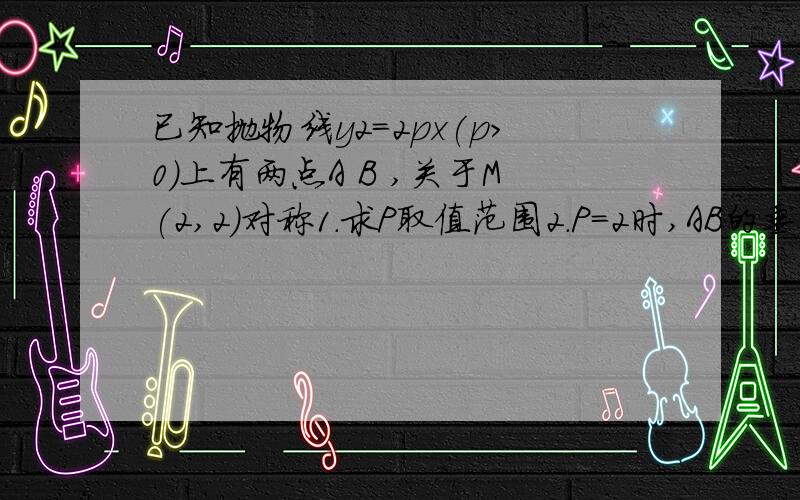 已知抛物线y2=2px(p>0)上有两点A B ,关于M(2,2)对称1.求P取值范围2.P=2时,AB的垂直平分线交该抛物线于C D,平面内是否存在一点N到A B C D 四点距离相等,若存在,求出N坐标