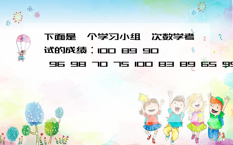 下面是一个学习小组一次数学考试的成绩：100 89 90 96 98 70 75 100 83 89 65 95 59 78 99已知100分的占2人,85~99的有7人,60~84的有5人,60以下的有1人,各占总人数的%?