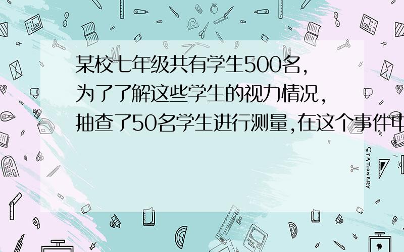 某校七年级共有学生500名,为了了解这些学生的视力情况,抽查了50名学生进行测量,在这个事件中,个体是什么?