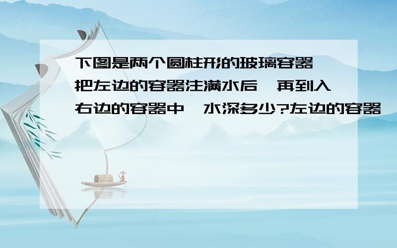 下图是两个圆柱形的玻璃容器,把左边的容器注满水后,再到入右边的容器中,水深多少?左边的容器,直径8厘米,高16厘米.右边的容器直径10厘米,