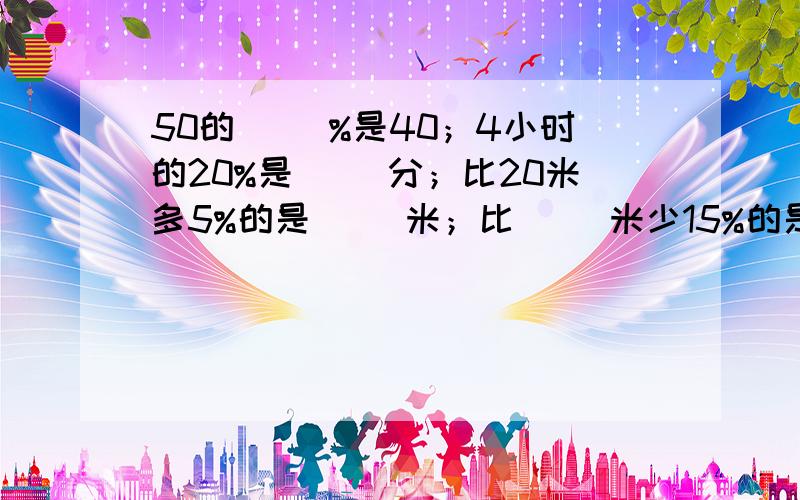 50的（ ）%是40；4小时的20%是（ ）分；比20米多5%的是（ ）米；比（ ）米少15%的是17米