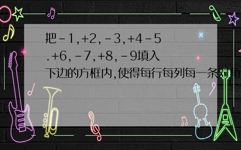 把-1,+2,-3,+4-5.+6,-7,+8,-9填入下边的方框内,使得每行每列每一条对角线的三个数都满足要满足的条件是：三个数乘积都是负数，三数的绝对值的和都相等。图就是正方形的，每行3个，每列也是