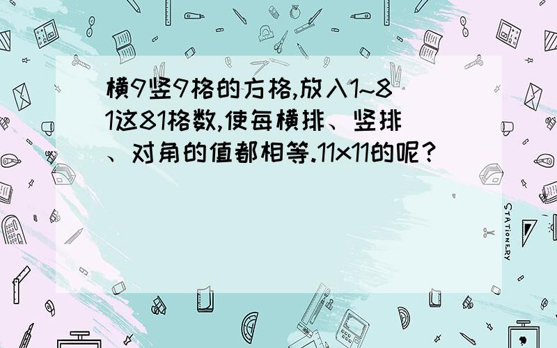 横9竖9格的方格,放入1~81这81格数,使每横排、竖排、对角的值都相等.11x11的呢？