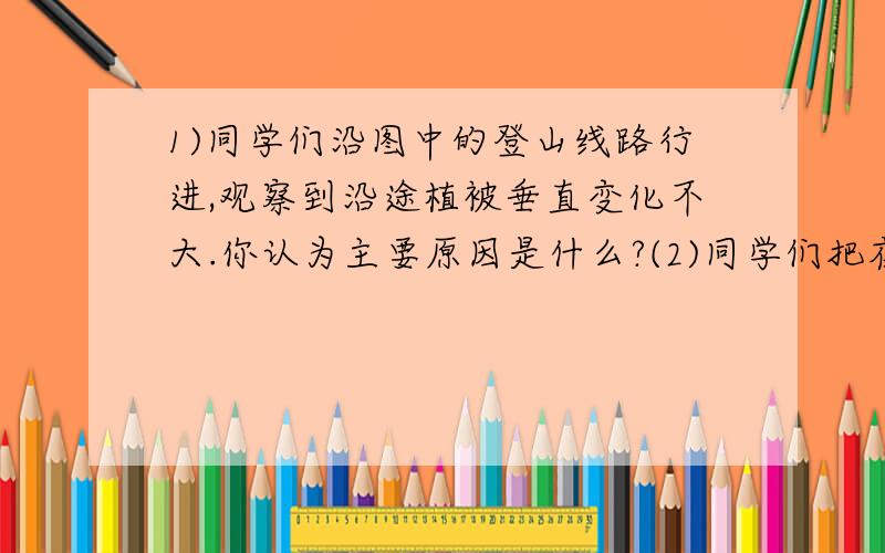 1)同学们沿图中的登山线路行进,观察到沿途植被垂直变化不大.你认为主要原因是什么?(2)同学们把夜晚宿营地点选在图中A处,从图中提供的信息简述理由.(3)图示地区拟建一火情望台,最佳位置