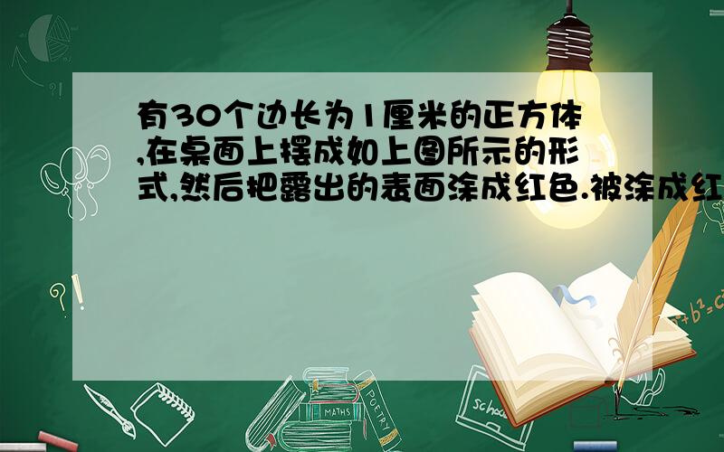 有30个边长为1厘米的正方体,在桌面上摆成如上图所示的形式,然后把露出的表面涂成红色.被涂成红色的面积是多少?