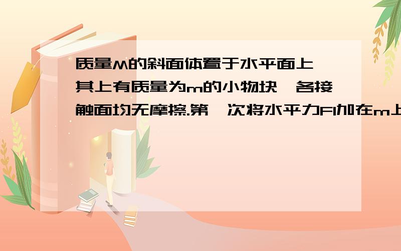 质量M的斜面体置于水平面上,其上有质量为m的小物块,各接触面均无摩擦.第一次将水平力F1加在m上；第二次将水平力F2加在M上,两次都要求m与M不发生相对滑动.求F1：F2