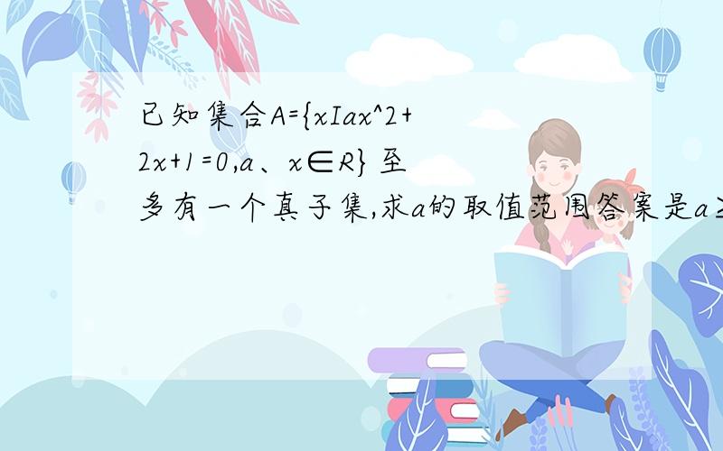 已知集合A={xIax^2+2x+1=0,a、x∈R}至多有一个真子集,求a的取值范围答案是a≥1或a=0,但是如果a≥1,假设a取值2,那么方程△＜0了啊,这样岂不是无解,是空集