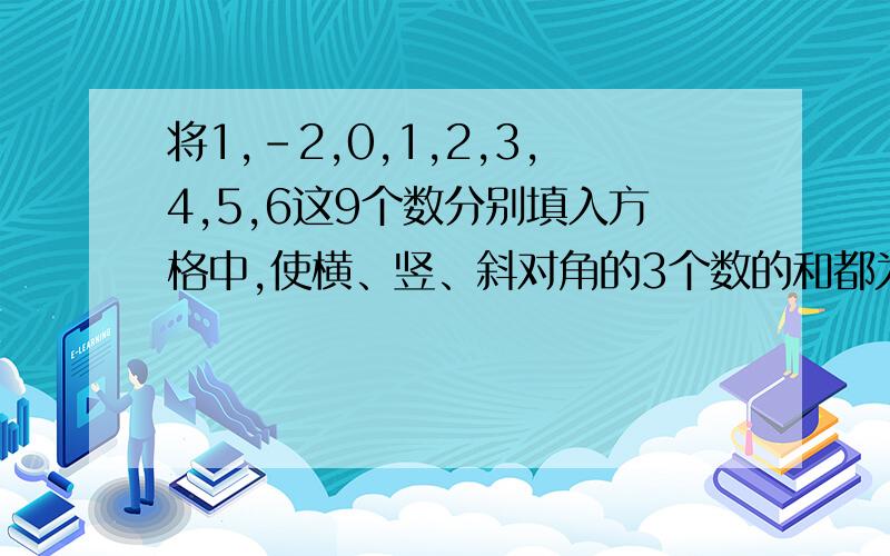 将1,-2,0,1,2,3,4,5,6这9个数分别填入方格中,使横、竖、斜对角的3个数的和都为6.