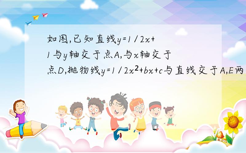 如图,已知直线y=1/2x+1与y轴交于点A,与x轴交于点D,抛物线y=1/2x²+bx+c与直线交于A,E两点,与X轴交于B,C两点,且B点坐标为（1,0）.（1）求该抛物线的解析式；（2）动点P在x轴上移动,当△PAE是直角