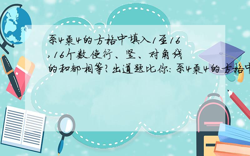 系4乘4的方格中填入1至16,16个数.使行、竖、对角线的和都相等?出道题比你：系4乘4的方格中填入1至16,16个数.使行、竖、对角线的和都相等.写完之后从左往右一直写出来.每行用“,”隔开.