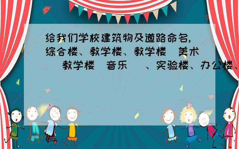 给我们学校建筑物及道路命名,综合楼、教学楼、教学楼（美术 ）教学楼（音乐 ）、实验楼、办公楼、礼堂、宿舍楼还有7条道路及一条地下通道大致要求如下：内容积极健康遵守法律法规符