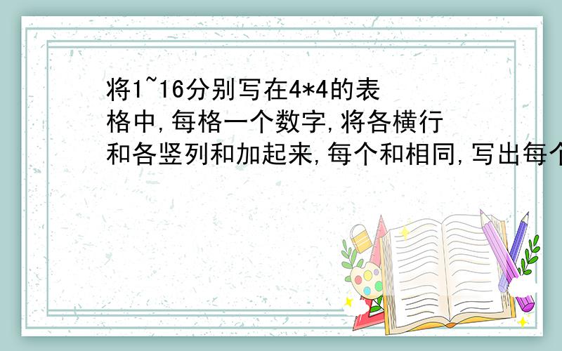 将1~16分别写在4*4的表格中,每格一个数字,将各横行和各竖列和加起来,每个和相同,写出每个格子里的数我有急