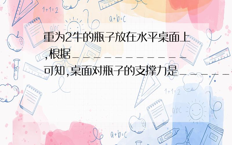 重为2牛的瓶子放在水平桌面上,根据___________可知,桌面对瓶子的支撑力是_____牛,方向________.随碟附送地方