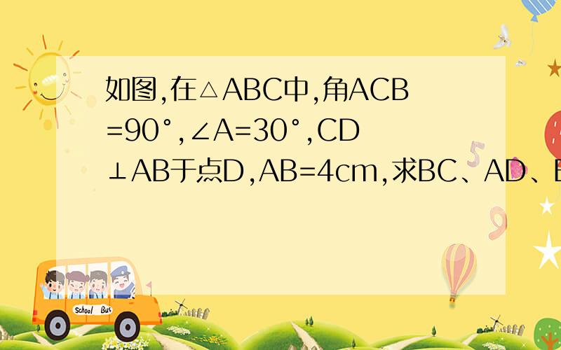 如图,在△ABC中,角ACB=90°,∠A=30°,CD⊥AB于点D,AB=4cm,求BC、AD、BD的长和∠BCD的度数