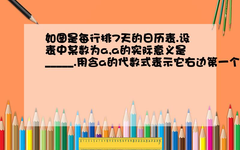 如图是每行排7天的日历表.设表中某数为a,a的实际意义是_____.用含a的代数式表示它右边第一个数是_____