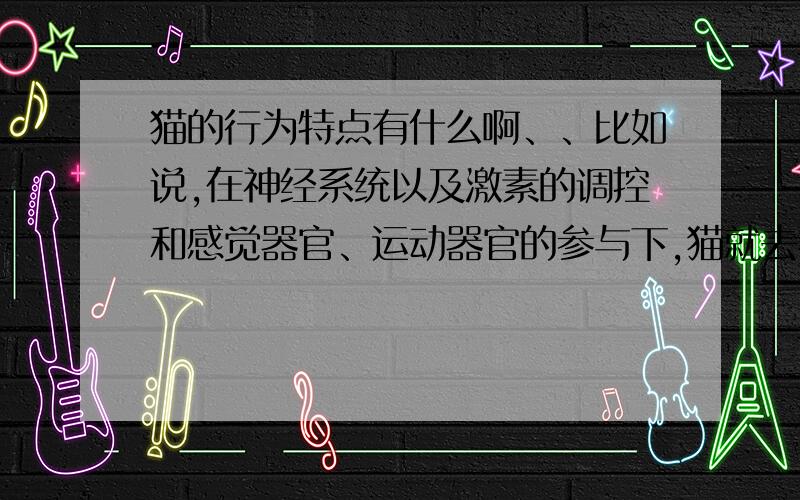 猫的行为特点有什么啊、、比如说,在神经系统以及激素的调控和感觉器官、运动器官的参与下,猫就去捉老鼠之类的、、、跪求、、快!