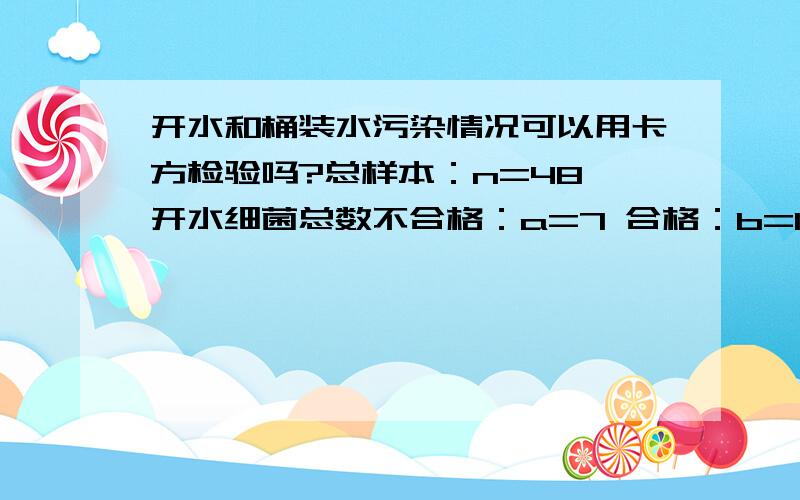 开水和桶装水污染情况可以用卡方检验吗?总样本：n=48 开水细菌总数不合格：a=7 合格：b=18 桶装水不合格c=18 合格d=5 如果可以,计算出P