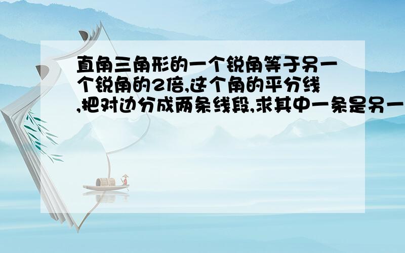 直角三角形的一个锐角等于另一个锐角的2倍,这个角的平分线,把对边分成两条线段,求其中一条是另一条的2倍.希望过程清楚