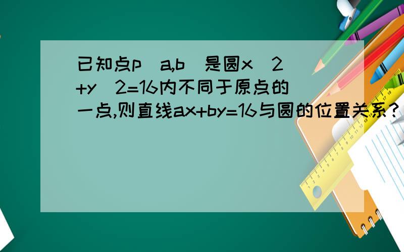 已知点p（a,b）是圆x^2+y^2=16内不同于原点的一点,则直线ax+by=16与圆的位置关系?