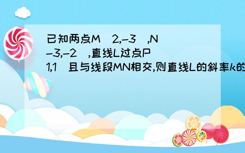 已知两点M(2,-3),N（-3,-2),直线L过点P(1,1)且与线段MN相交,则直线L的斜率k的取值范围是?