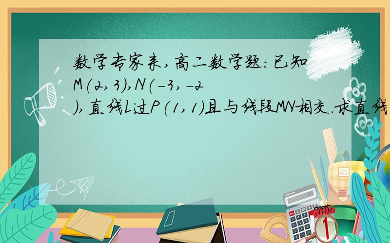 数学专家来,高二数学题：已知M(2,3),N(-3,-2),直线L过P(1,1)且与线段MN相交.求直线L斜率的取直范围这题的答案：{k|k>=3/4}U{k|k