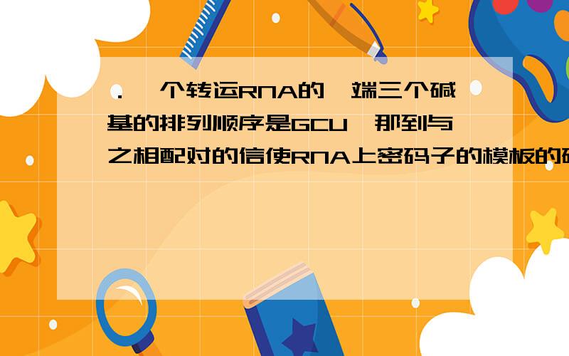 ．一个转运RNA的一端三个碱基的排列顺序是GCU,那到与之相配对的信使RNA上密码子的模板的碱基顺序是（C） A．CGA B．GCA C．GCT D．TCG 为什么不是A