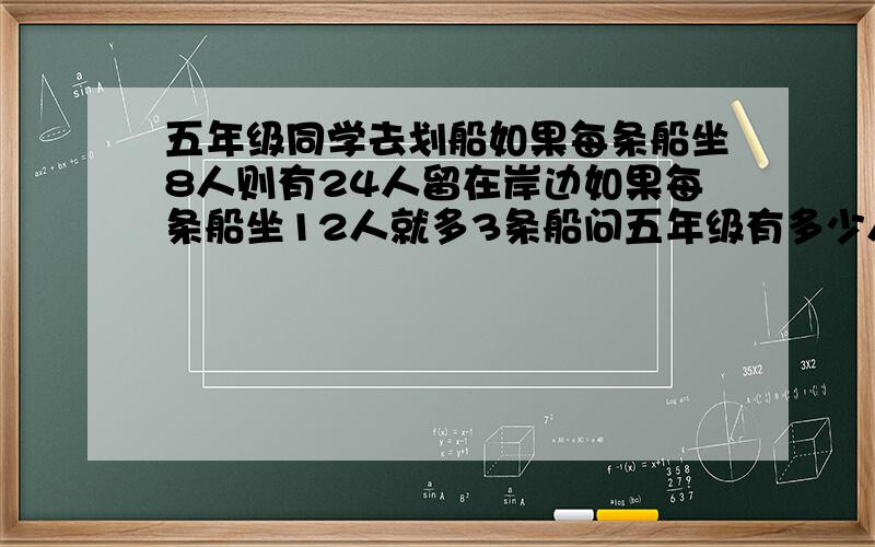 五年级同学去划船如果每条船坐8人则有24人留在岸边如果每条船坐12人就多3条船问五年级有多少人?