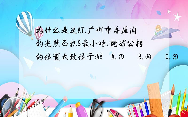 为什么是选A7．广州市房屋内的光照面积S最小时,地球公转的位置大致位于：AB    A．①      B．②      C．③     D．④