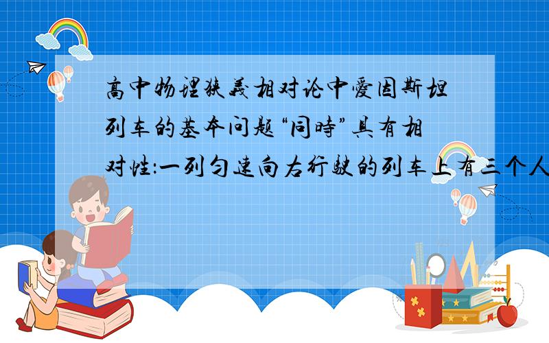 高中物理狭义相对论中爱因斯坦列车的基本问题“同时”具有相对性：一列匀速向右行驶的列车上有三个人,甲在左端,乙在中间,丙在右端.丁在地面.乙向两端发射光信号,甲丙头上都有接收到