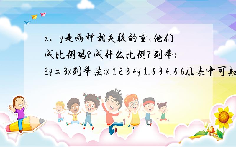 x、y是两种相关联的量,他们成比例吗?成什么比例?列举：2y=3x列举法：x 1 2 3 4y 1.5 3 4.5 6从表中可知,y与x相对应的两个数的比值相等（都等于1.5）,因此x、y成正比例.变式法：2y=3x,y/x=3/2=1.5(一定