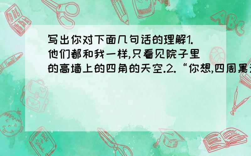 写出你对下面几句话的理解1.他们都和我一样,只看见院子里的高墙上的四角的天空.2.“你想,四周黑洞洞的,还不容易碰壁吗?”3.的确,伯父就是这样的一个人,他为自己想的少,为别人想得多.