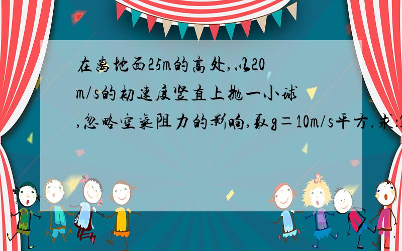 在离地面25m的高处,以20m/s的初速度竖直上抛一小球,忽略空气阻力的影响,取g＝10m/s平方.求：1,小球落地时的速度和小球从抛出点到落地所需的时间2,讲过抛出点上方15m处时的速度及所需时间