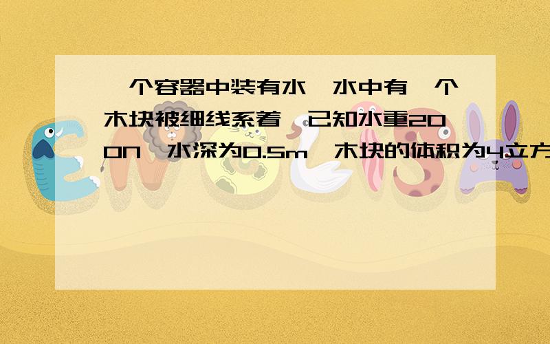 一个容器中装有水,水中有一个木块被细线系着,已知水重200N,水深为0.5m,木块的体积为4立方分米,木块的密度为0.6*10的三次方千克每立方米,试求：（1）木块受到的浮力?（2）绳中的拉力是多大?