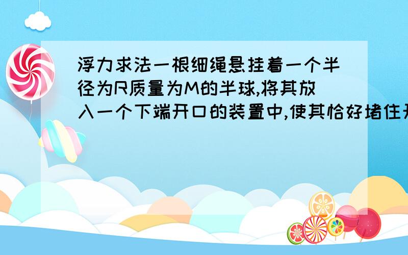 浮力求法一根细绳悬挂着一个半径为R质量为M的半球,将其放入一个下端开口的装置中,使其恰好堵住开口,望装置中加入密度为P的液体,使其深度达到H,求（1）液体对半球的压力.（2）若要将半