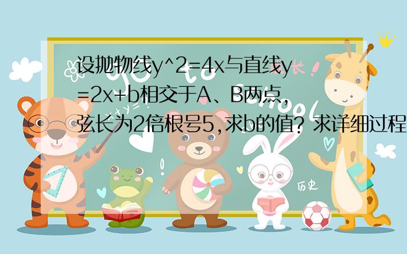 设抛物线y^2=4x与直线y=2x+b相交于A、B两点,弦长为2倍根号5,求b的值? 求详细过程 谢谢