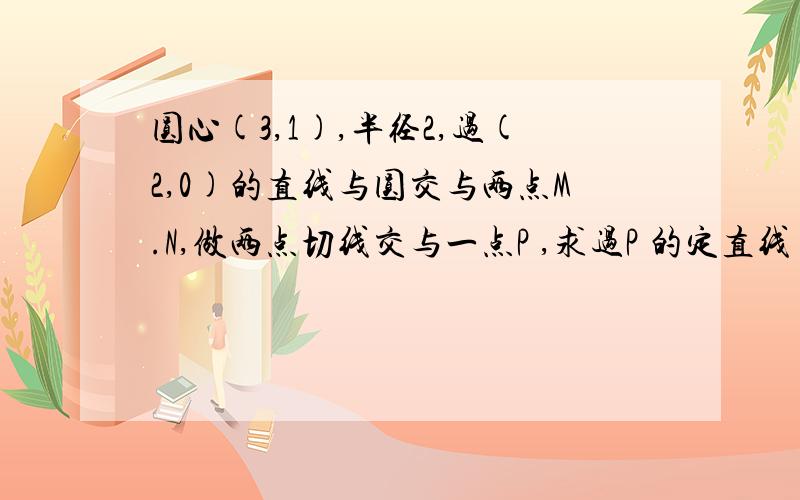 圆心(3,1),半径2,过(2,0)的直线与圆交与两点M.N,做两点切线交与一点P ,求过P 的定直线   告诉我思路就行!