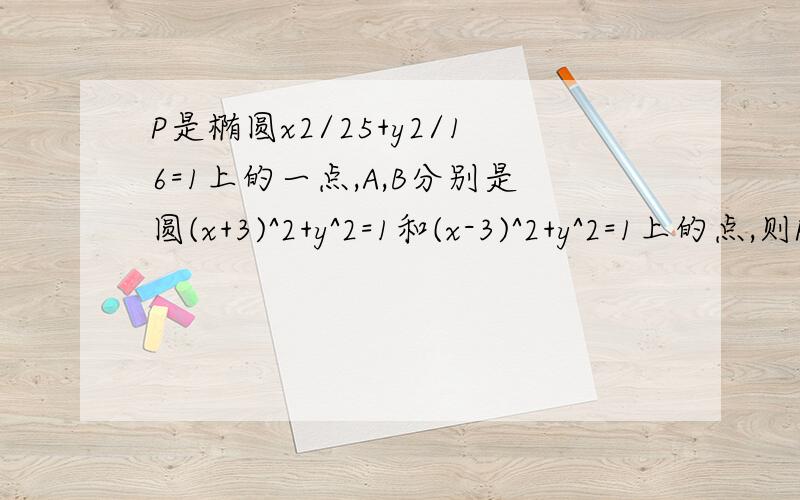 P是椭圆x2/25+y2/16=1上的一点,A,B分别是圆(x+3)^2+y^2=1和(x-3)^2+y^2=1上的点,则PA+PB的范围最好有图,没有的话完整解释下