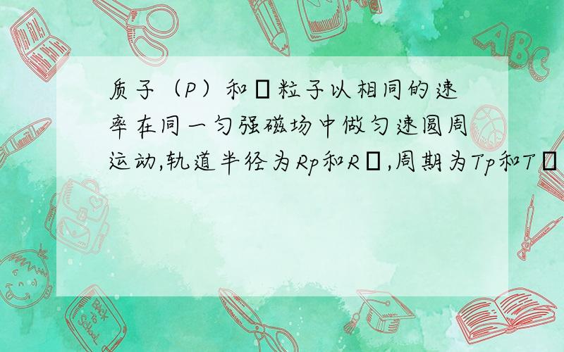 质子（P）和α粒子以相同的速率在同一匀强磁场中做匀速圆周运动,轨道半径为Rp和Rα,周期为Tp和Tα,则下列选项正确的是（）A.Rp：Rα=1:2 Tp：Tα=1:2B.Rp：Rα=1:1 Tp：Tα=1:1C.Rp：Rα=1:1 Tp：Tα=1:2D.Rp